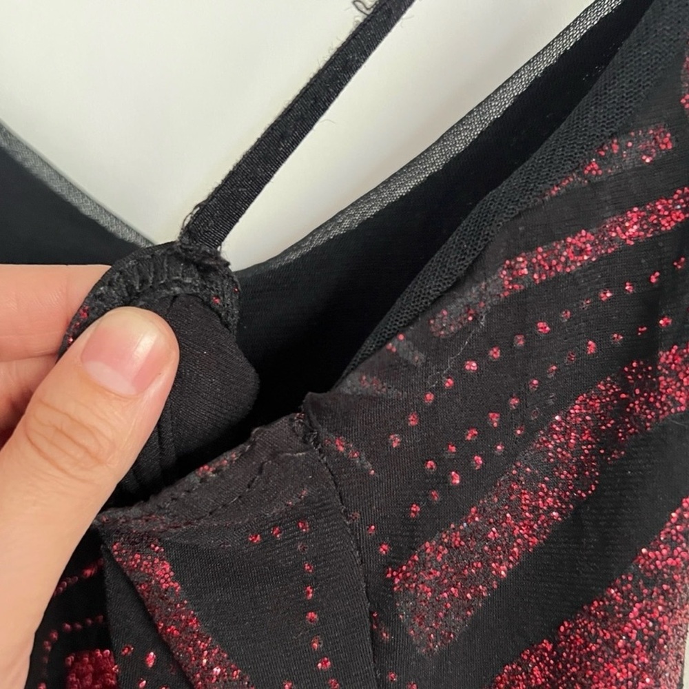 Y2K Black Red Glitter Asymmetrical Dress Ruffle Hem Spaghetti Strap Party Dress - Picture 12 of 14